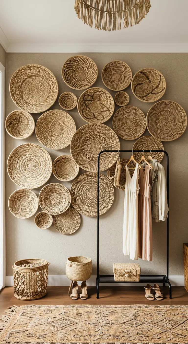 Composition murale de paniers plats en osier derrière un portant à vêtements.