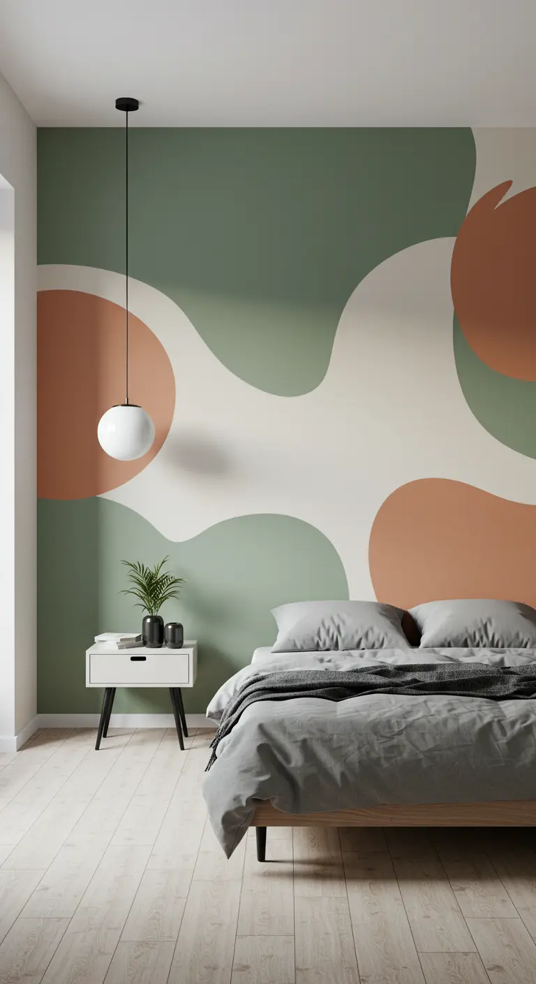 Tête de lit peinte à même le mur avec des formes organiques vertes, terracotta et blanches.