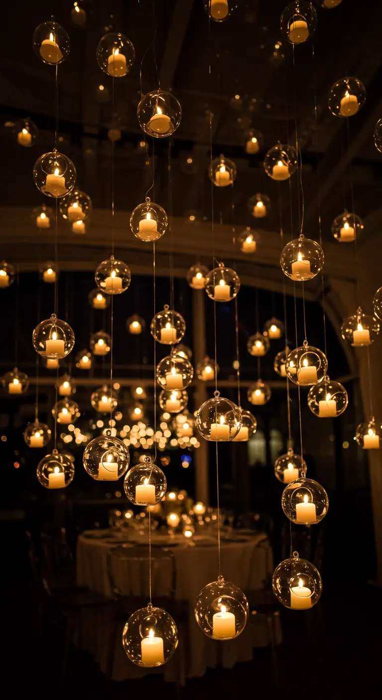 Centaines de bougies LED dans des bulles de verre suspendues dans une pièce sombre.