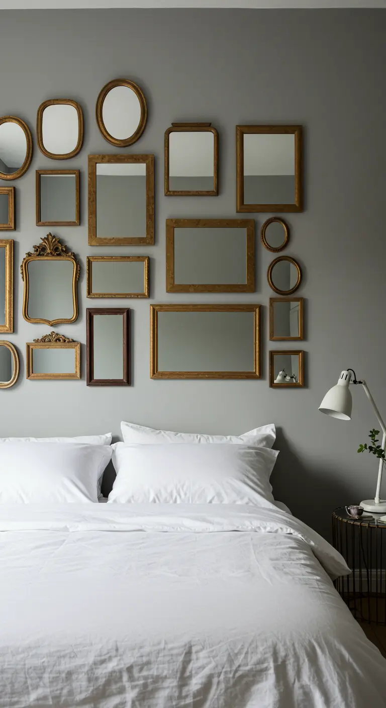 Un mur de galerie composé de miroirs vintage aux cadres dorés est disposé au-dessus du lit.