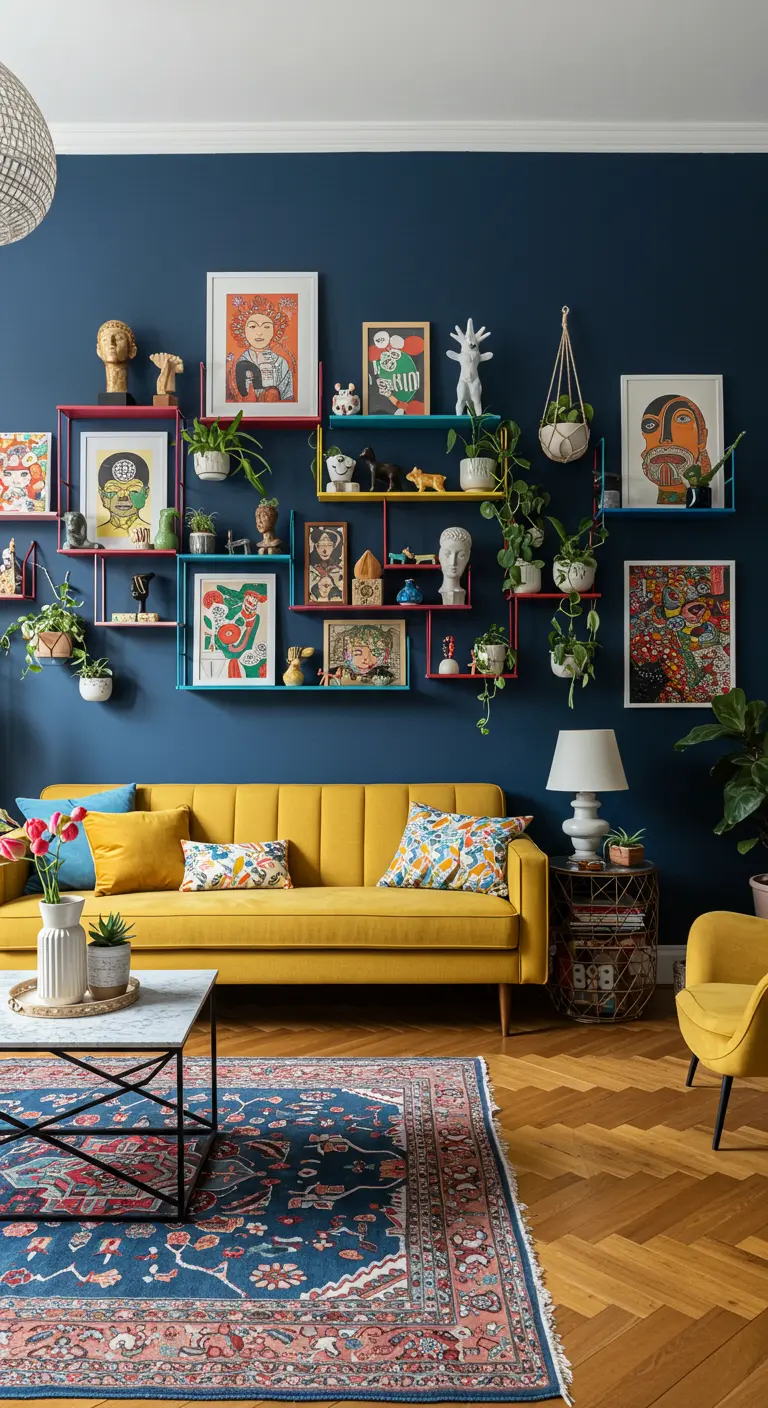 Mur bleu nuit avec des étagères modulaires colorées, des cadres, des sculptures et des plantes vertes.