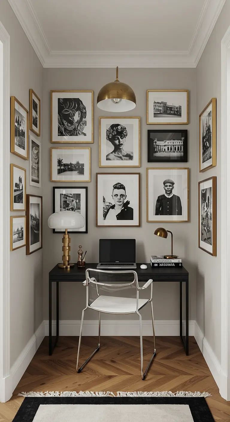 Bureau noir dans un petit renfoncement entouré de murs couverts de cadres photo.