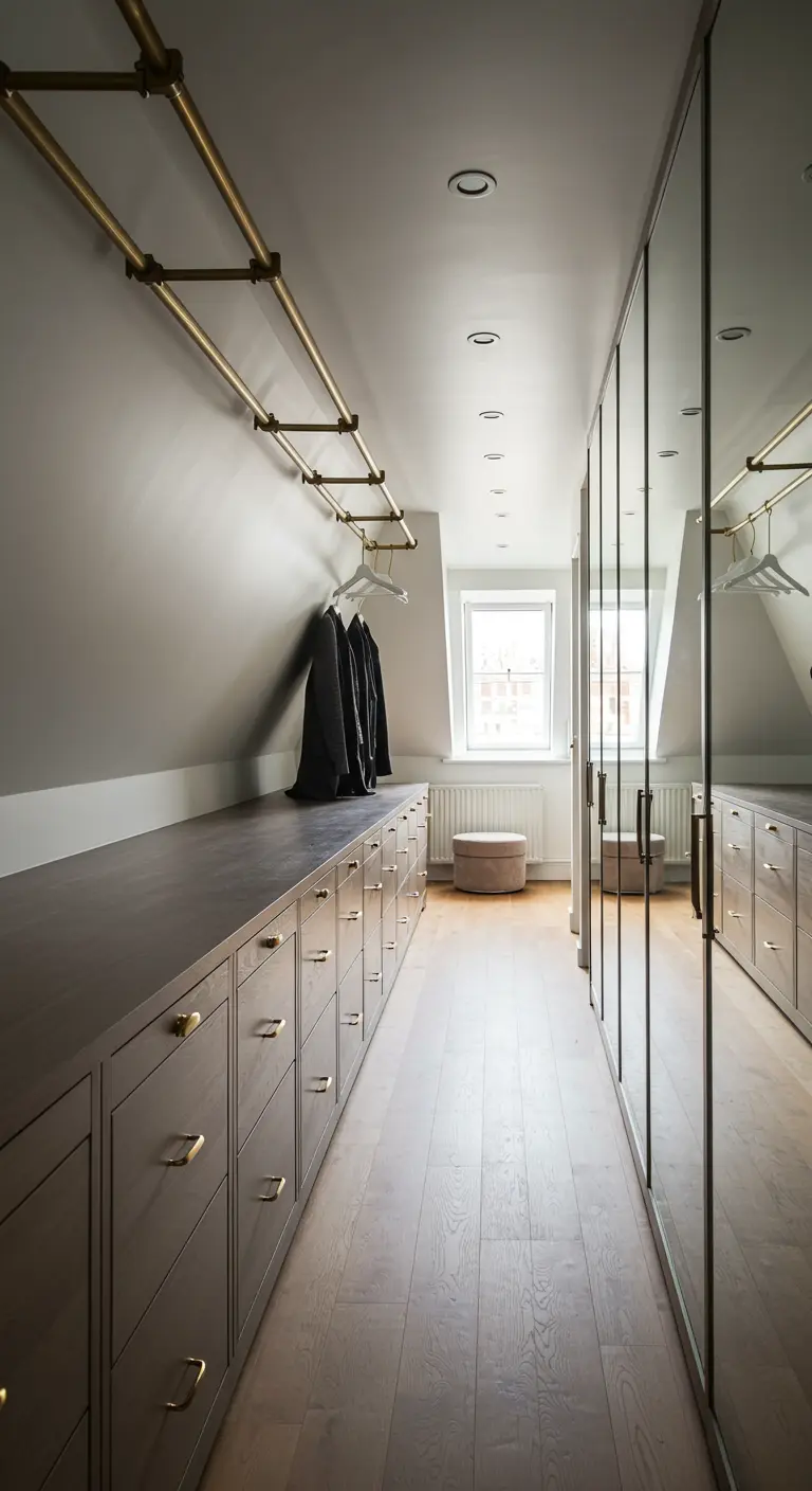 Long dressing mansardé avec commodes grises, penderie en laiton et portes miroir.