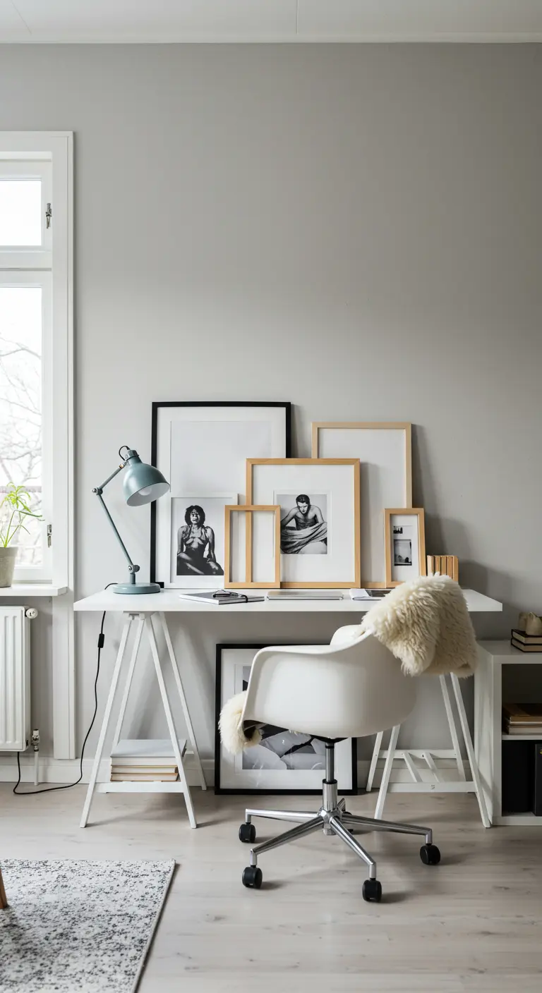 Bureau blanc avec une composition de cadres photo noir et bois posés contre un mur gris.
