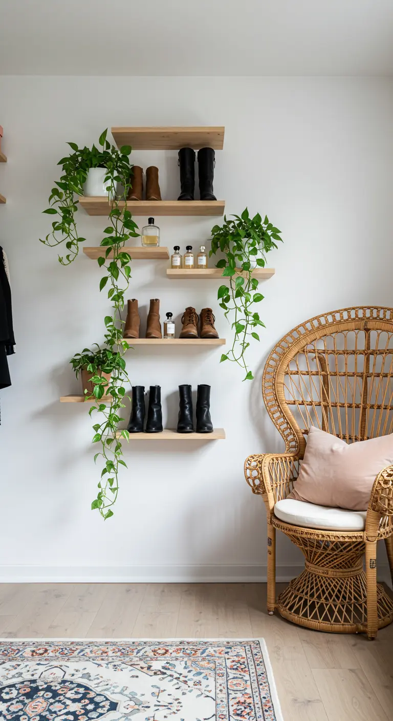 Étagères flottantes en bois avec chaussures, plantes et fauteuil en rotin.