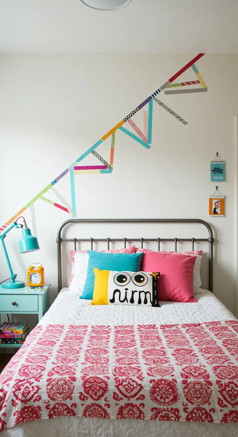 Tête de lit abstraite et géométrique créée avec du washi tape coloré sur un mur blanc.