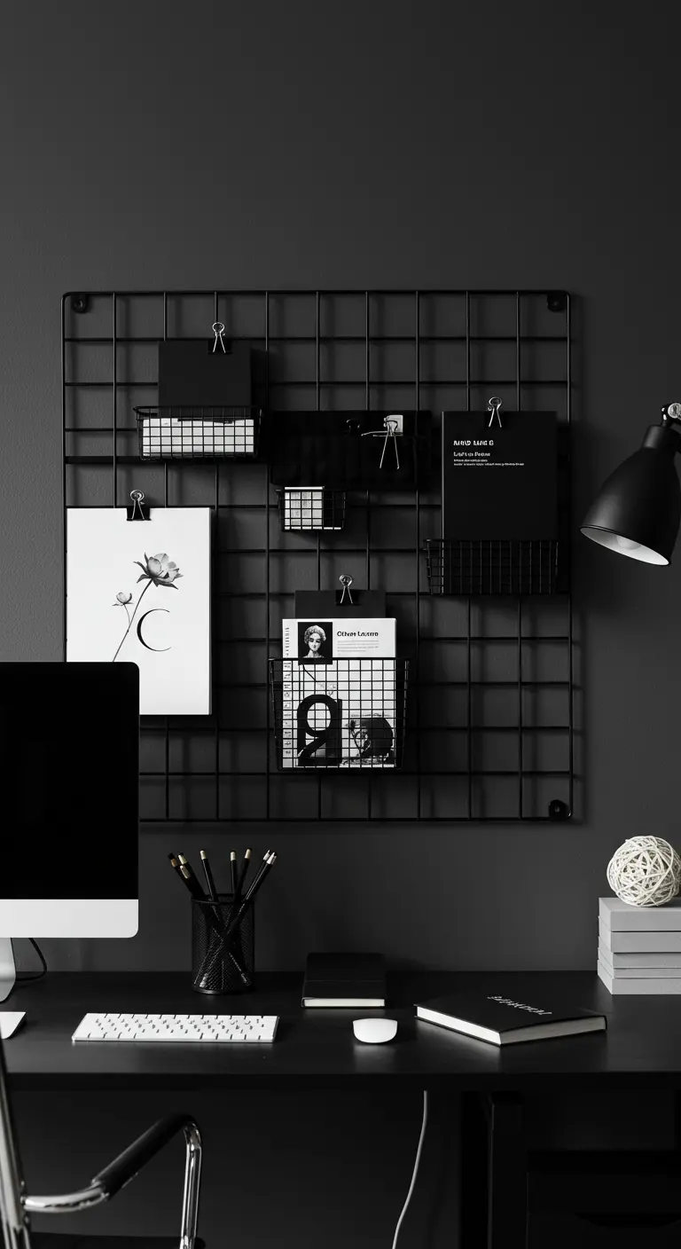 Grille murale noire sur un mur sombre, avec des photos et des paniers de rangement.