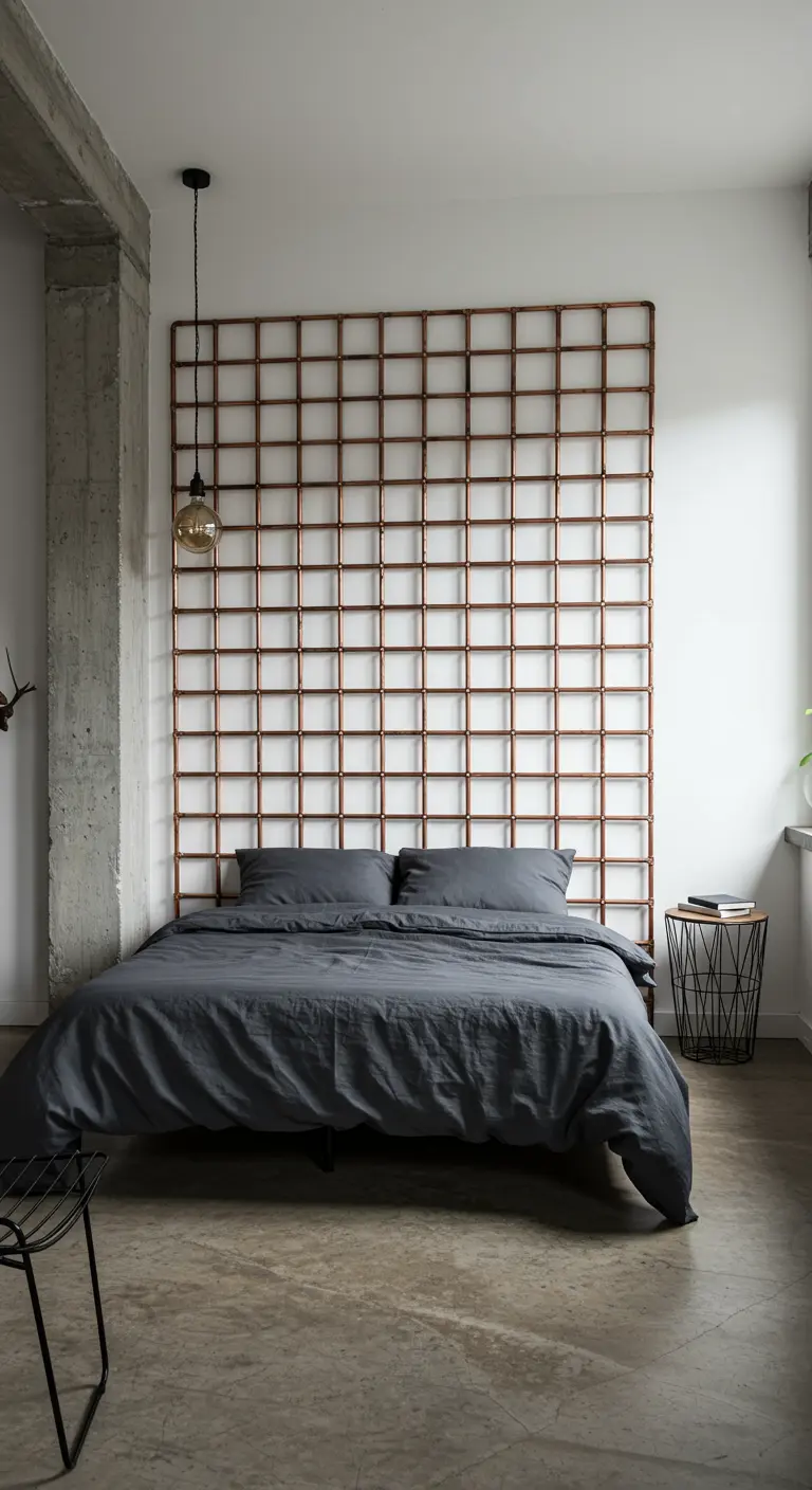 Tête de lit minimaliste en grille de tuyaux de cuivre dans une chambre de style industriel.