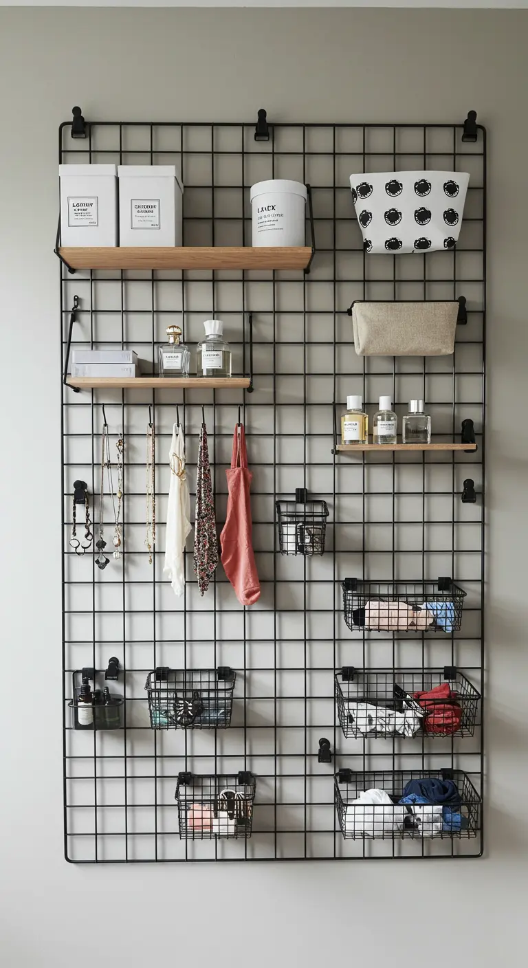 Panneau mural grillagé noir avec des paniers et étagères pour organiser de petits accessoires.