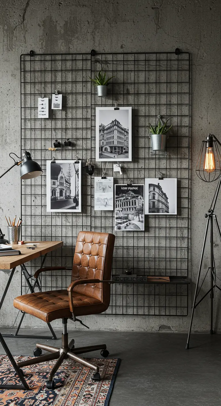 Grille murale noire de style industriel avec des photos et des notes accrochées par des pinces, derrière un bureau.