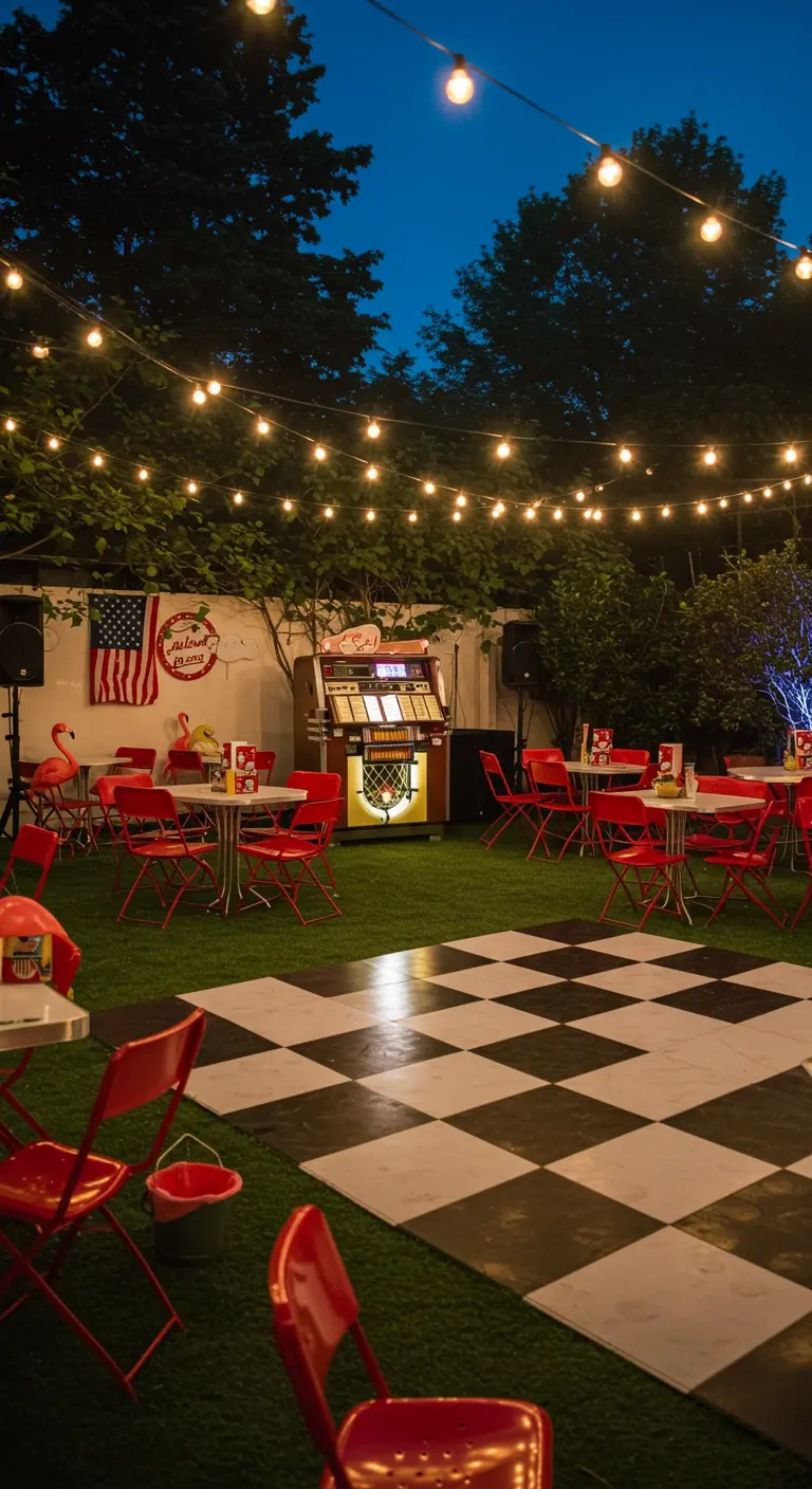 Piste de danse à damier dans un jardin avec des chaises rouges et des guirlandes.
