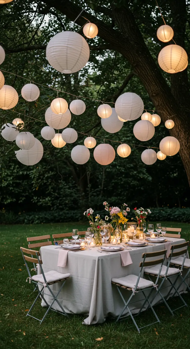Table de jardin dressée sous un arbre d'où pendent de nombreux lampions en papier illuminés.