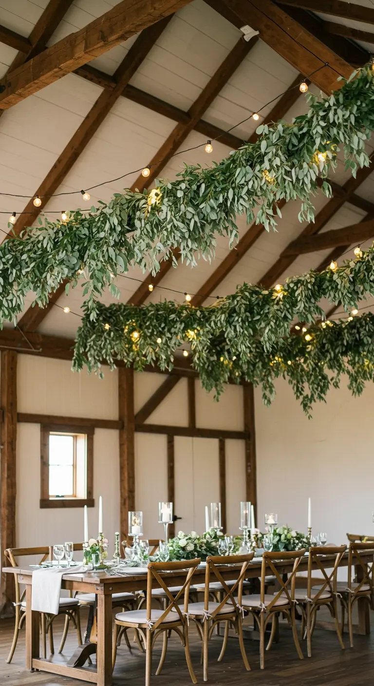 Épaisse guirlande de feuillage et de lumières suspendue au-dessus d'une longue table en bois.
