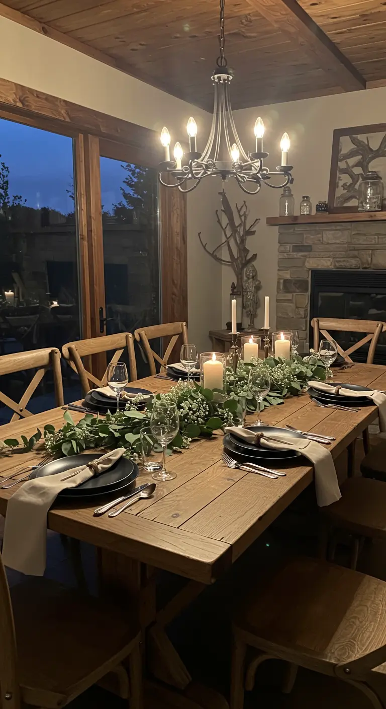 Table en bois rustique avec une guirlande d'eucalyptus et des bougies.