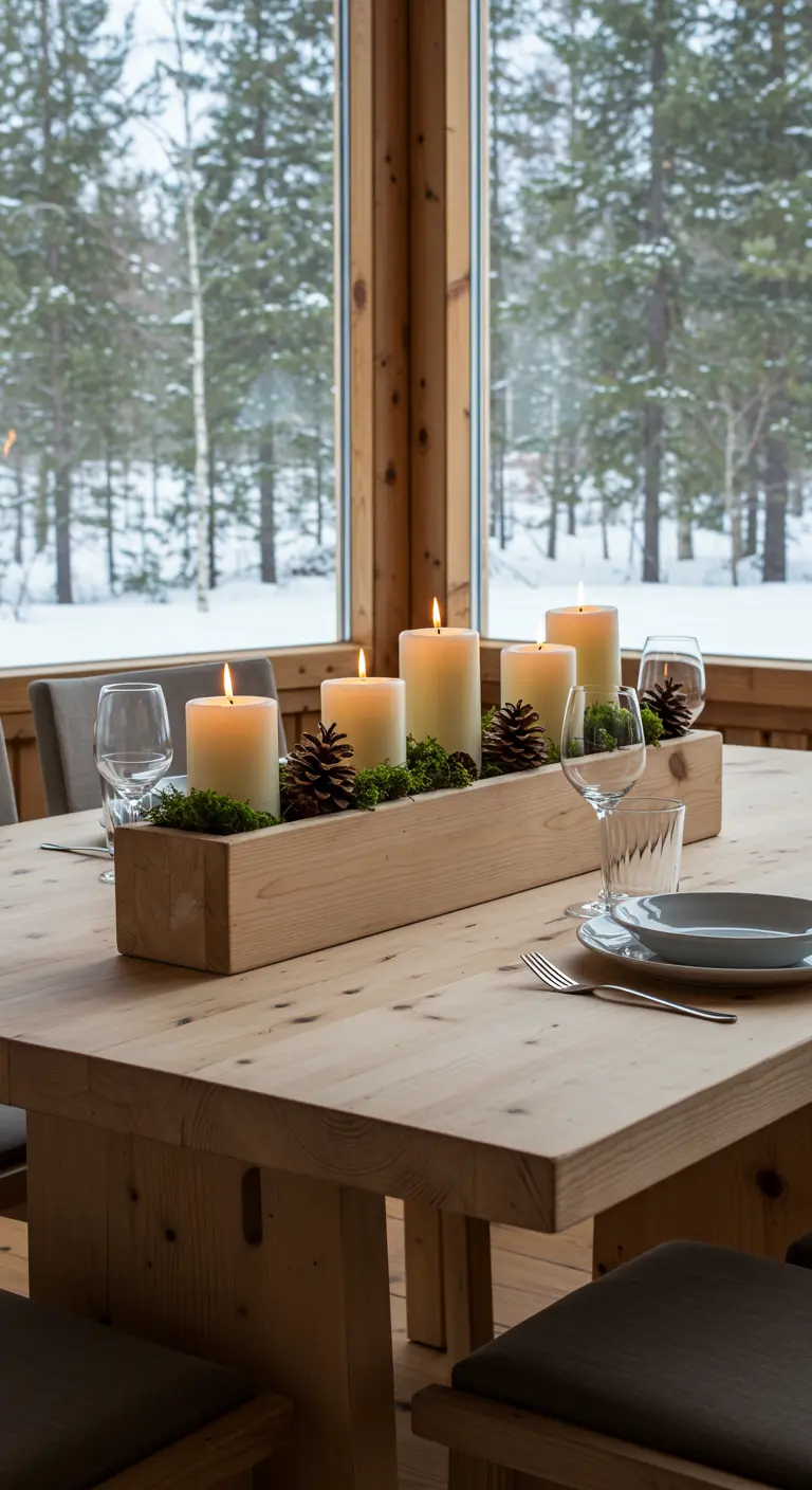 Centre de table dans une boîte en bois avec mousse, grosses bougies et pommes de pin.