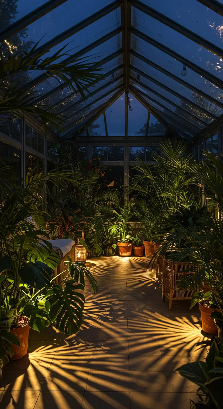 Une serre remplie de plantes luxuriantes, éclairée par des lumières posées au sol.