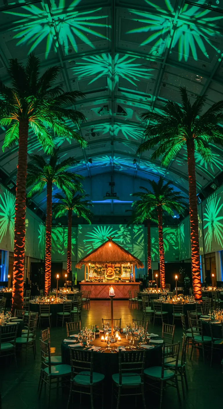 Grande salle de réception avec des projections de feuilles de palmier vertes sur les murs et le plafond.