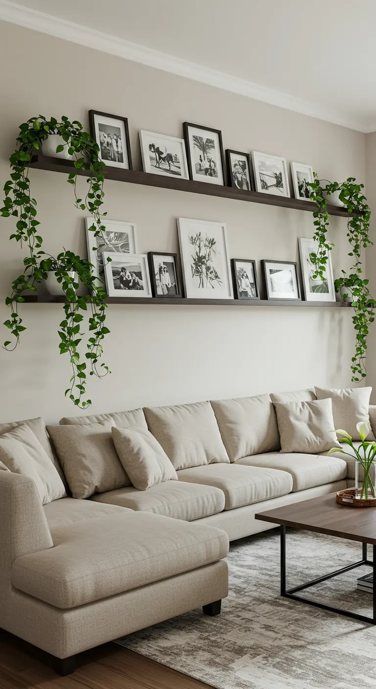 Deux longues étagères murales noires avec des cadres photo en noir et blanc et des plantes retombantes.