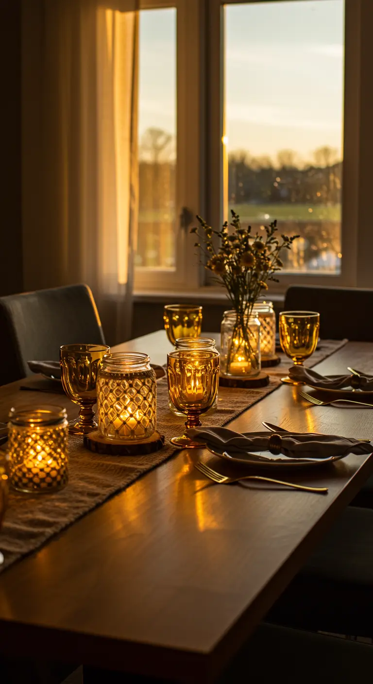 Table de brunch dressée au crépuscule avec des verres ambrés et des bougies dans des photophores.