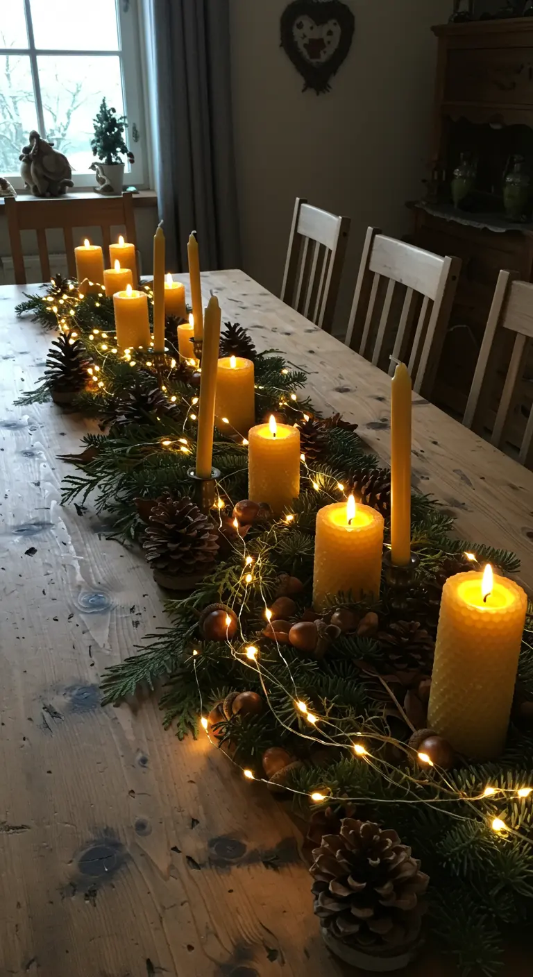 Chemin de table rustique avec de nombreuses bougies en cire d'abeille et des pommes de pin.