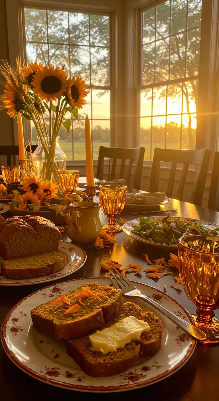 Table de brunch au coucher du soleil avec tournesols et pétales de calendula.