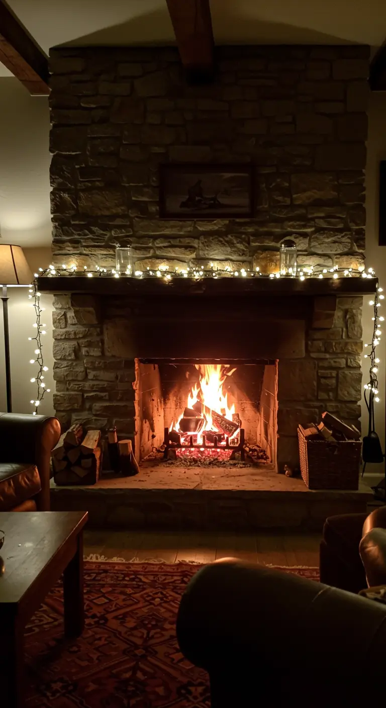 Cheminée en pierre rustique avec un feu allumé, dont le manteau est décoré d'une guirlande lumineuse.