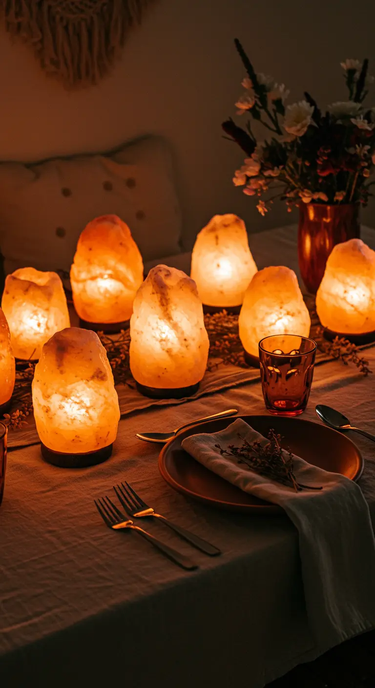 Chemin de table composé de plusieurs lampes de sel de l'Himalaya, créant une lueur orangée.