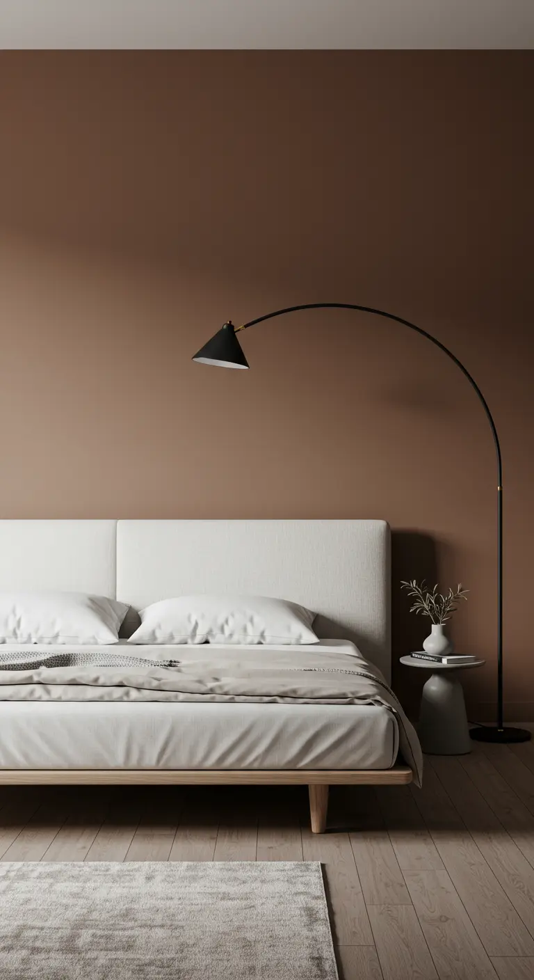 Tête de lit blanche simple avec un grand lampadaire arc noir.