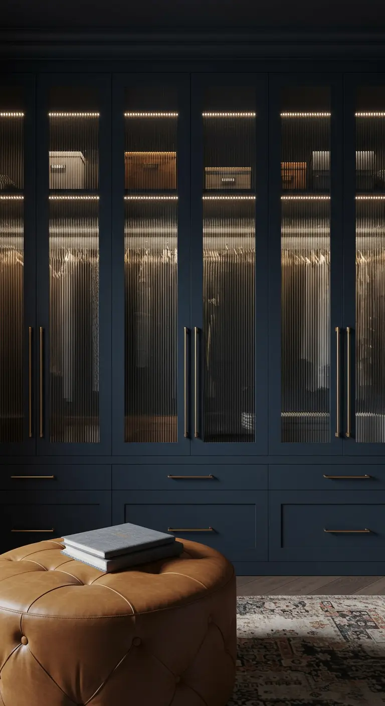 Dressing bleu nuit avec des portes en verre cannelé et des poignées dorées.