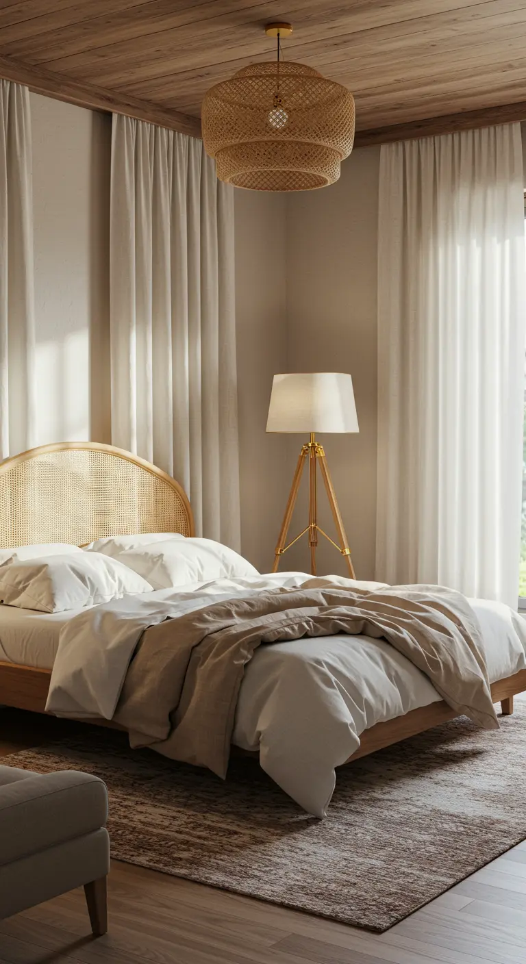 Chambre avec tête de lit en cannage, suspension en rotin et linge de lit beige.