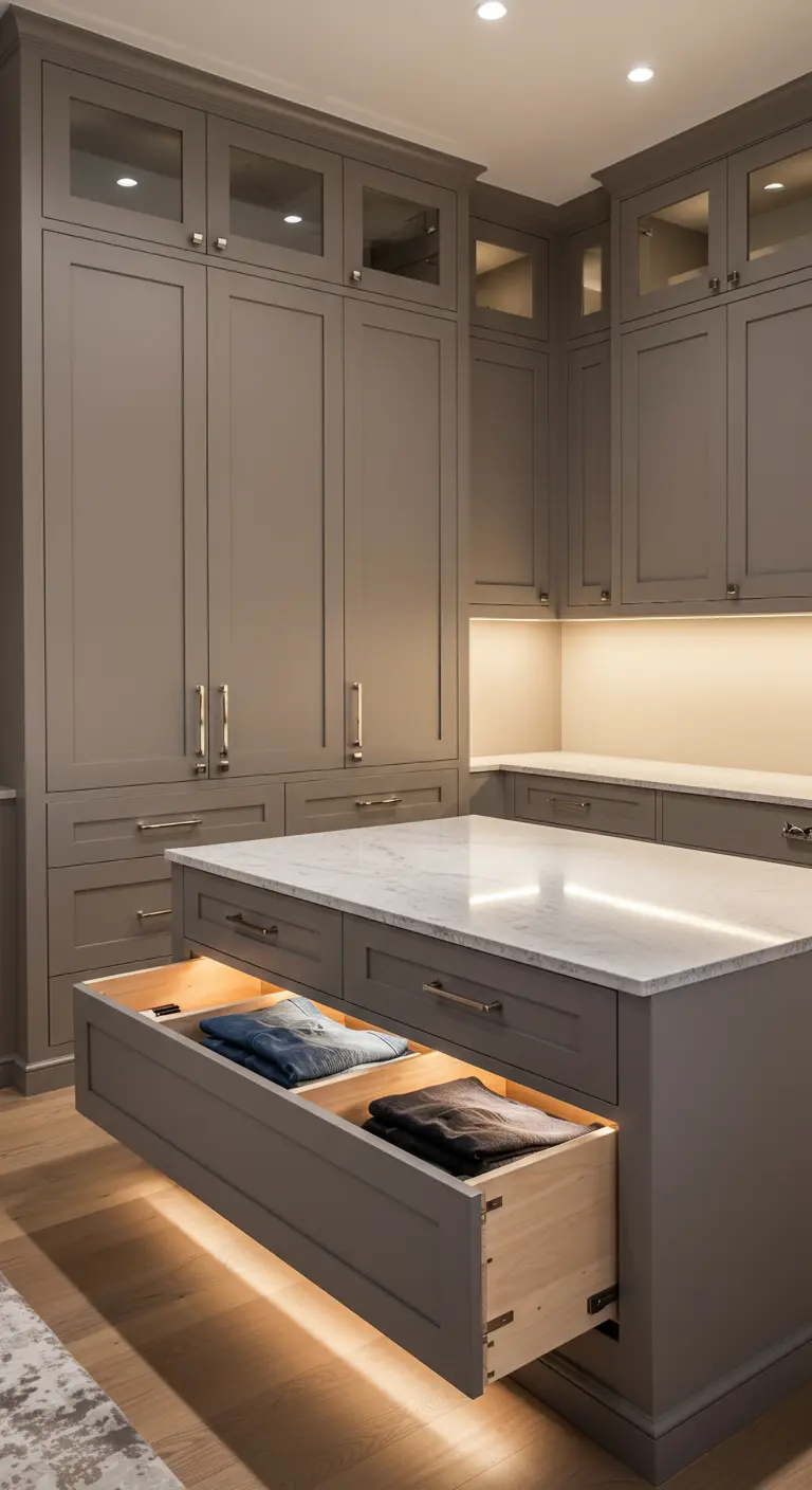 Tiroir de dressing ouvert avec un système d'éclairage LED intégré qui illumine le contenu.