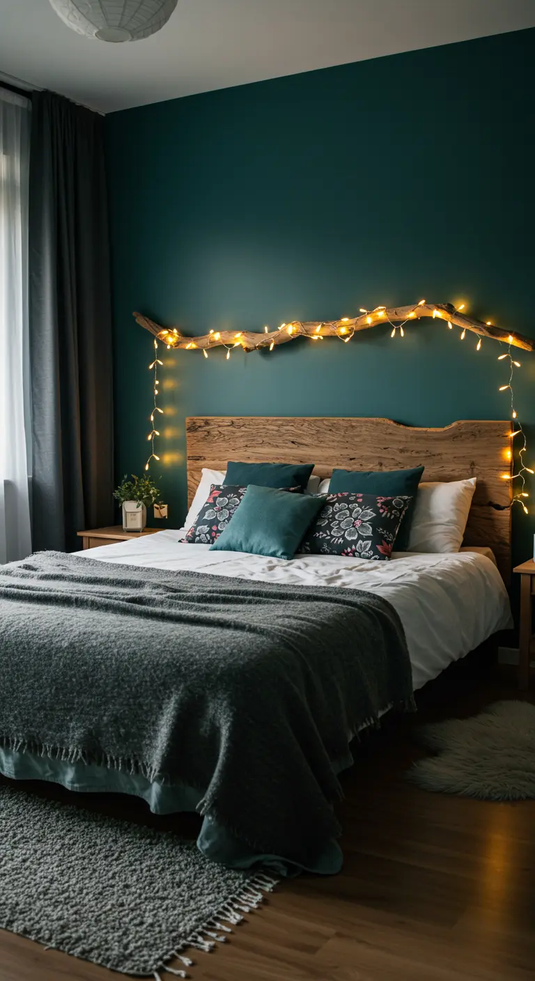 Branche de bois flotté avec guirlande lumineuse suspendue au-dessus d'un lit dans une chambre cosy.