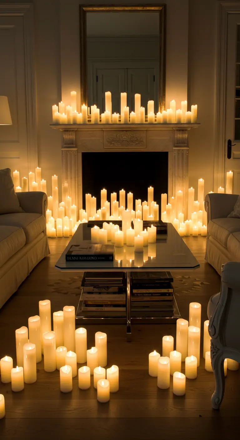 Salon élégant rempli de dizaines de bougies LED de différentes tailles au sol et sur la cheminée.