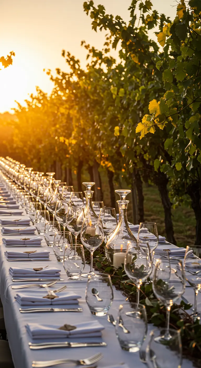 Longue table dressée dans un vignoble, la verrerie scintillant sous la lumière du soleil couchant.