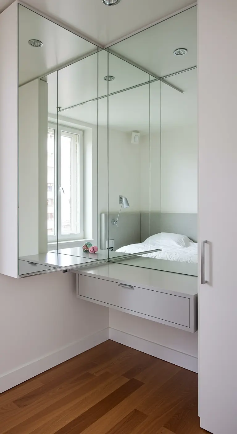 Coin dressing d'angle avec des portes entièrement recouvertes de miroirs.