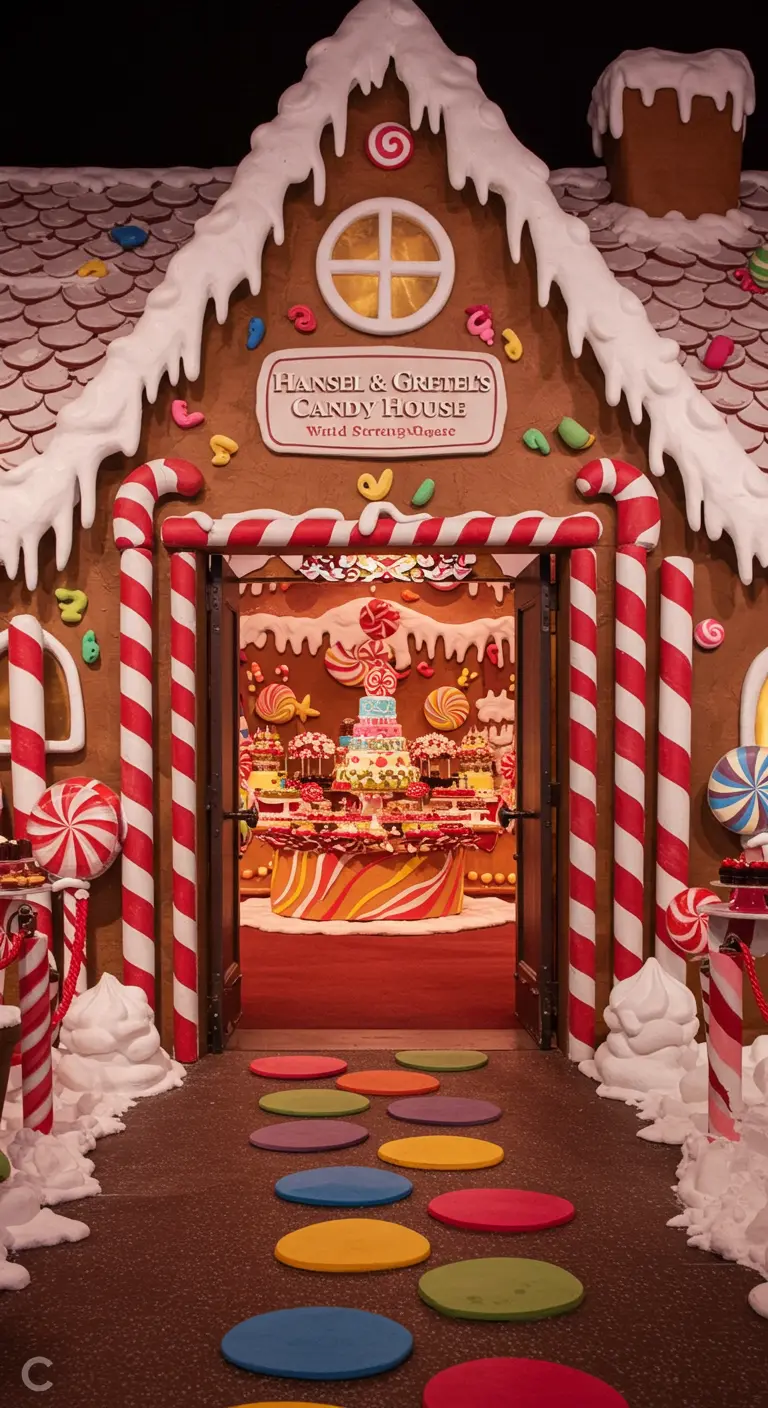 Entrée d'une maison en pain d'épices décorée de bonbons géants.