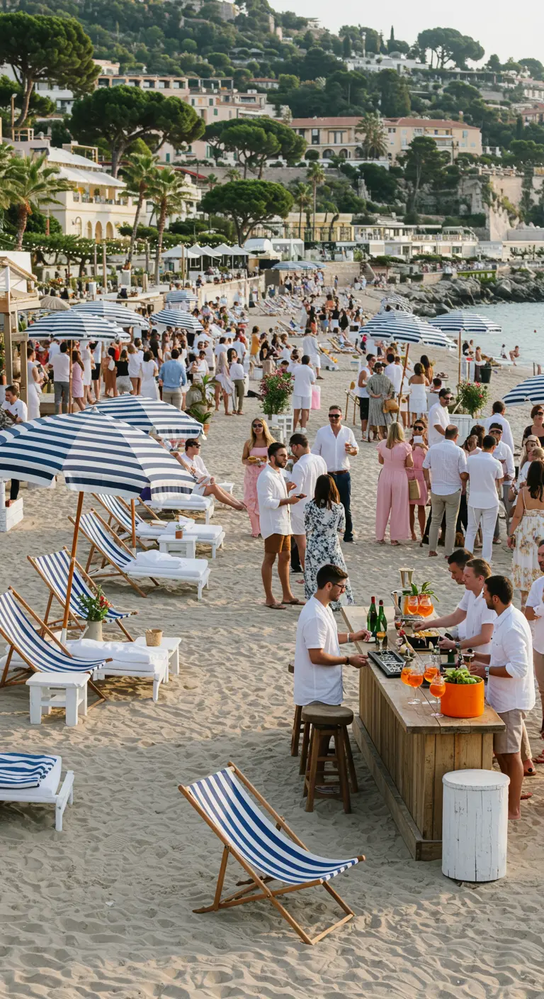 Grande fête sur la plage avec des parasols et transats à rayures bleues et blanches.