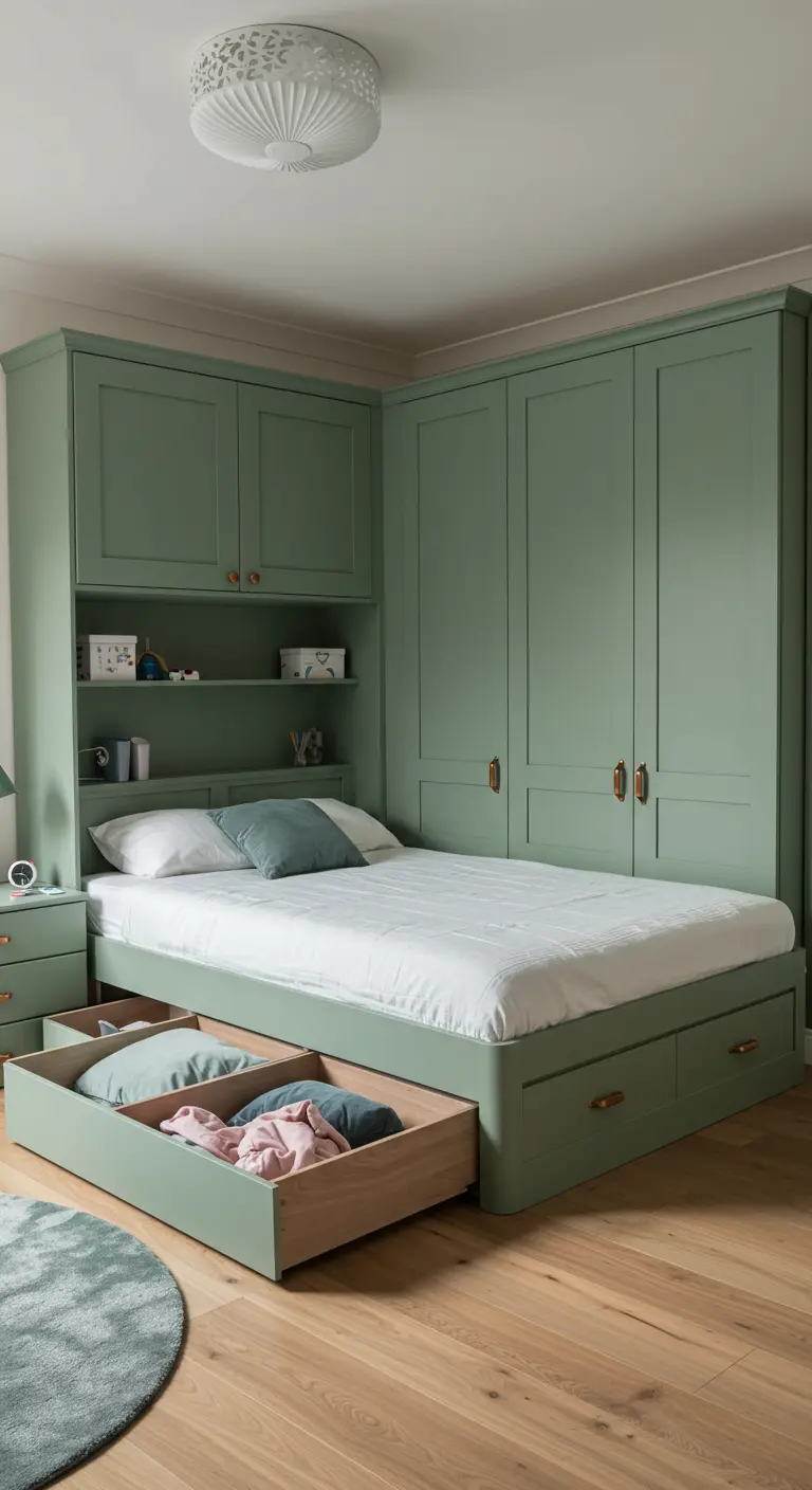Chambre avec un lit encastré dans un ensemble de placards et tiroirs sur mesure de couleur vert sauge.