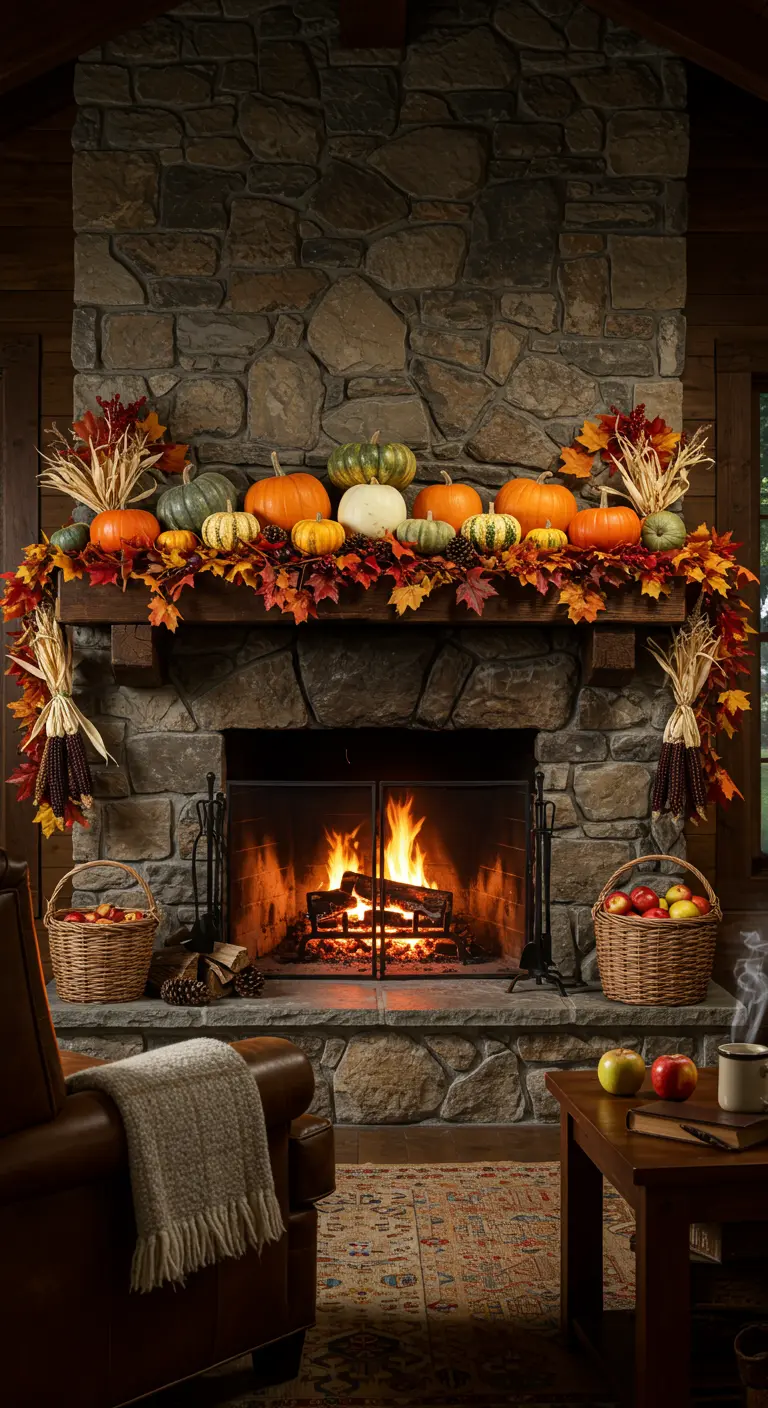 Cheminée en pierre rustique décorée d'une abondance de citrouilles et feuilles d'automne.