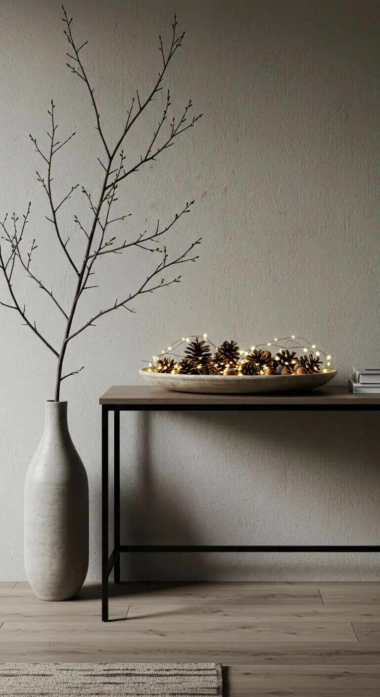 Décoration minimaliste avec une branche dans un vase et un plat de pommes de pin lumineuses.