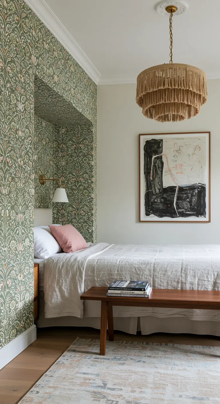 Lit placé dans une niche tapissée de papier peint vert à motifs floraux.