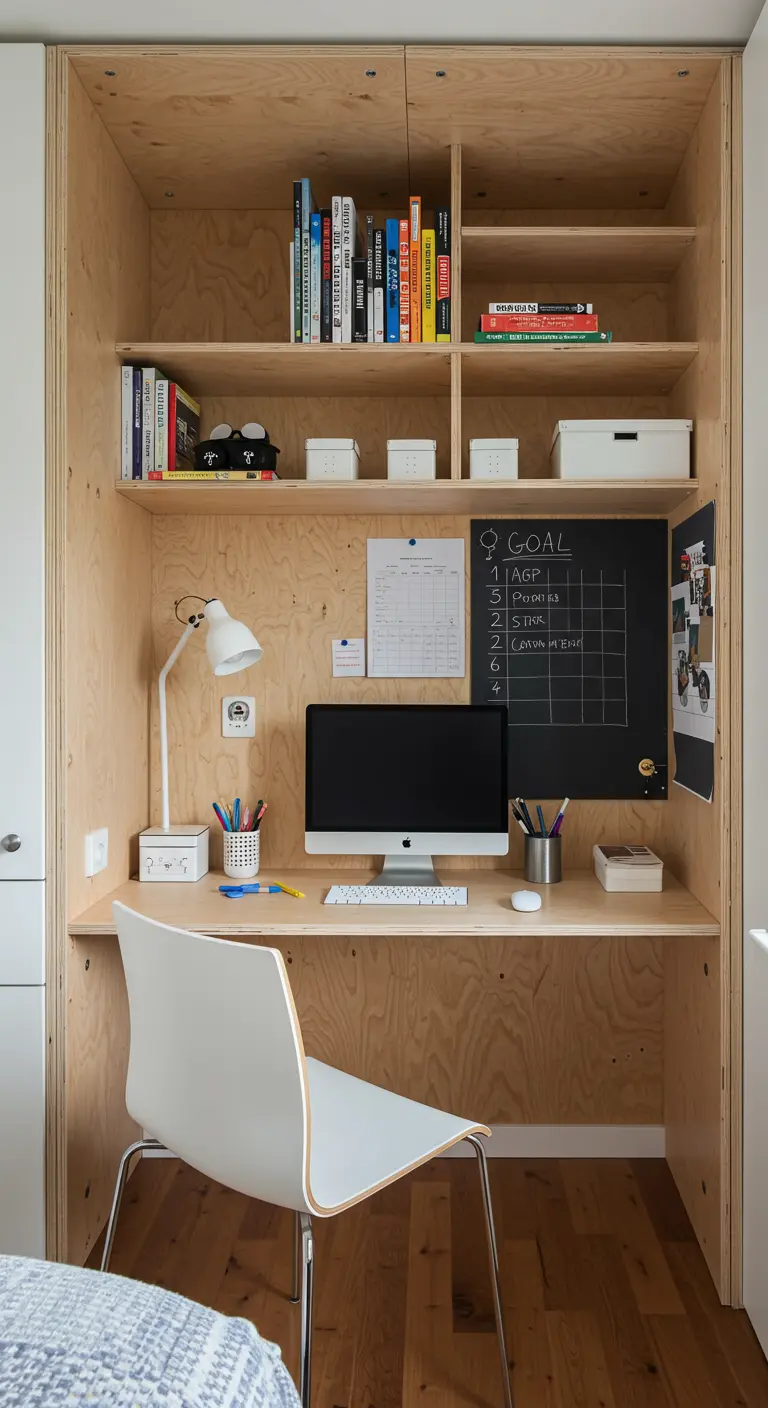 Bureau intégré dans une niche en bois clair avec des étagères et un petit tableau noir.