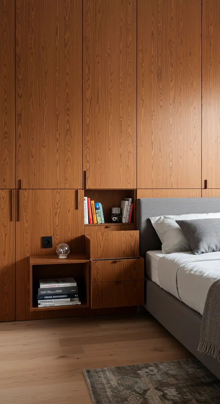 Armoire en bois intégrant une niche en guise de table de chevet à côté du lit.