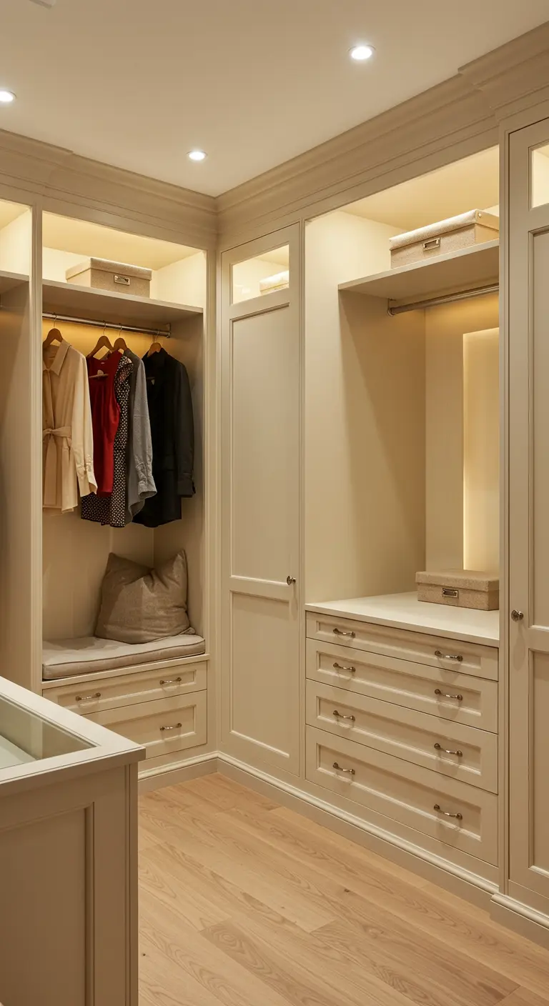 Dressing couleur crème avec une banquette intégrée sous une penderie.