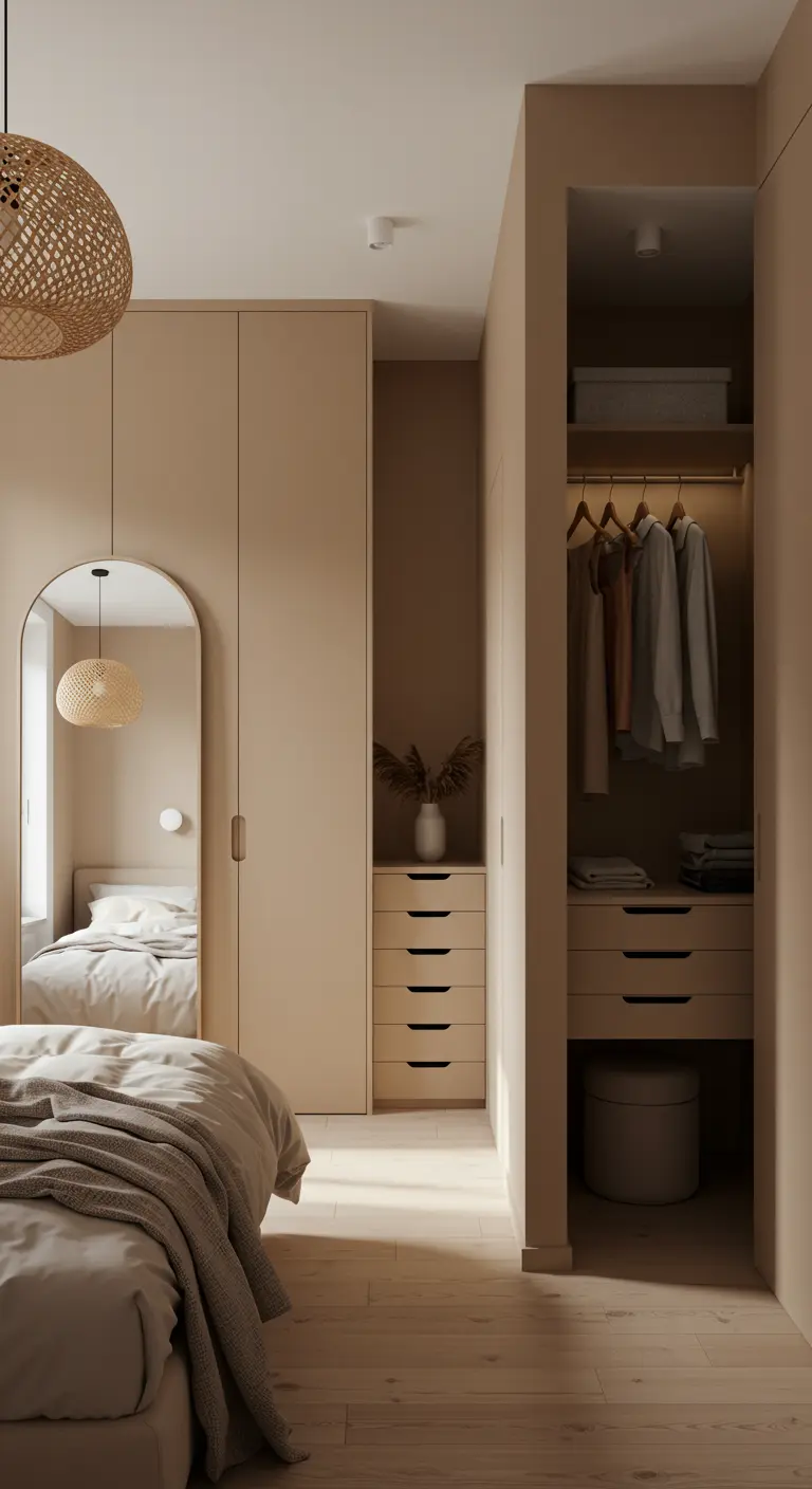 Chambre beige avec une alcôve servant de dressing ouvert et organisé.