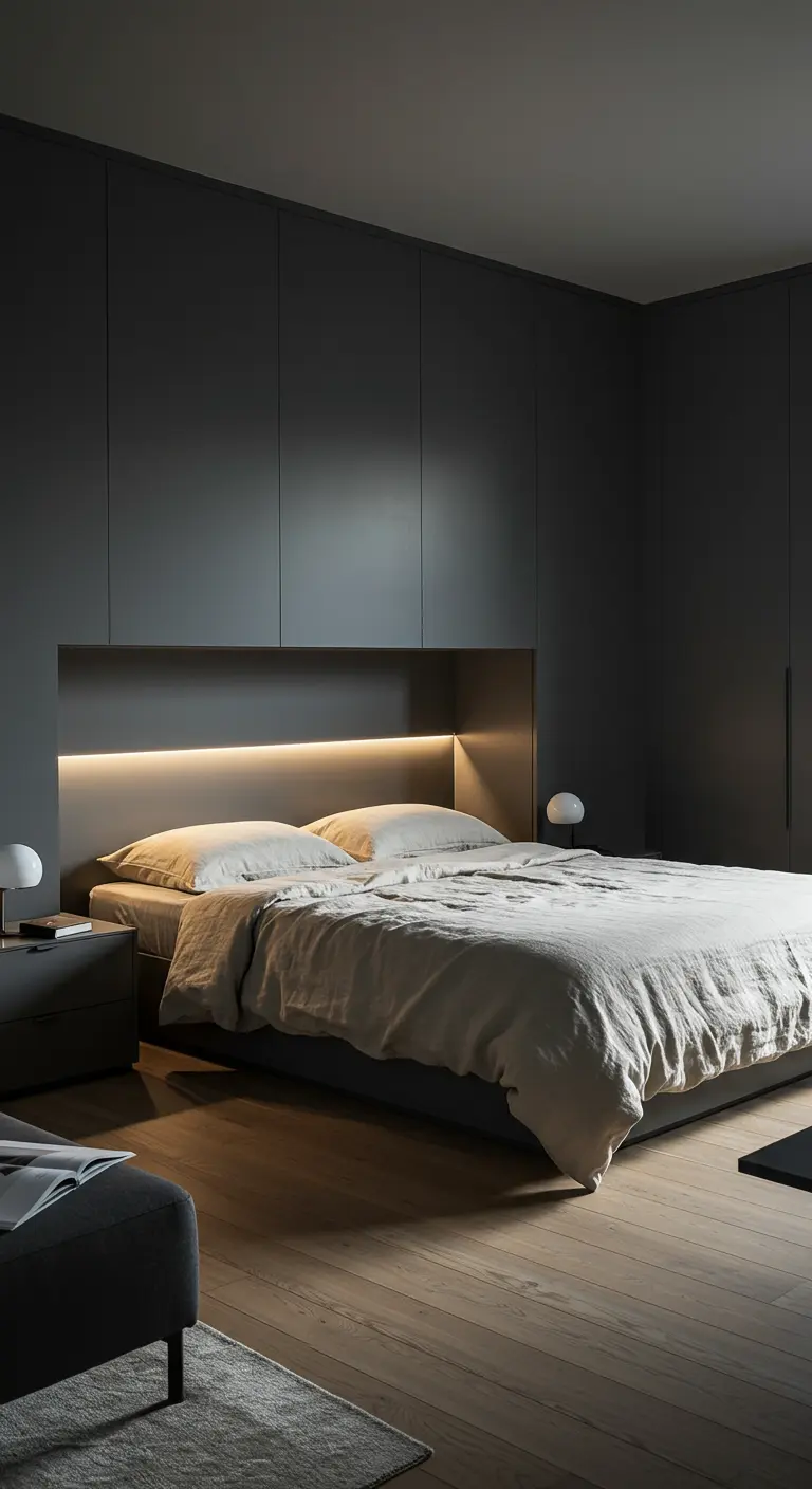 Chambre minimaliste avec une tête de lit grise intégrant une niche éclairée par une bande LED.