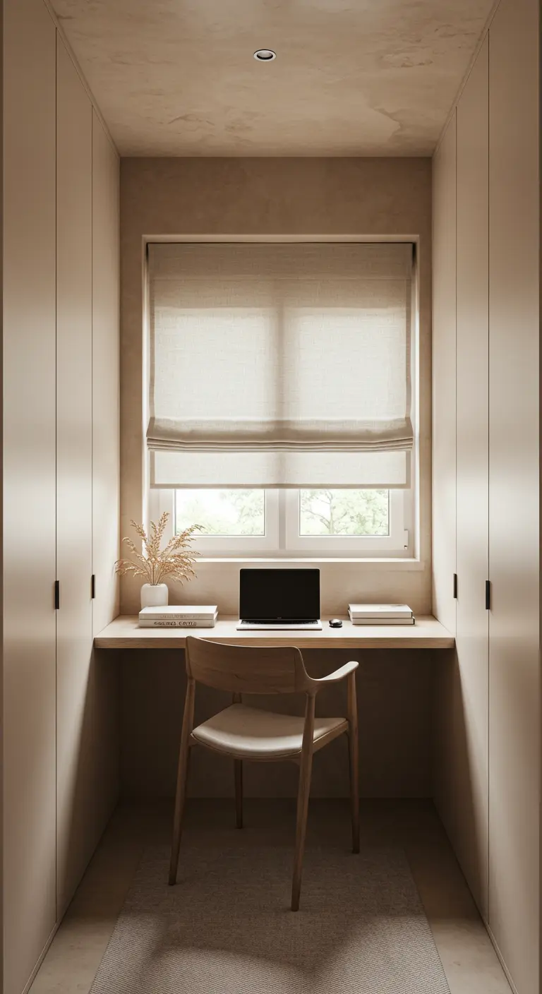 Petit bureau en bois installé dans une niche entre deux grandes armoires beiges.