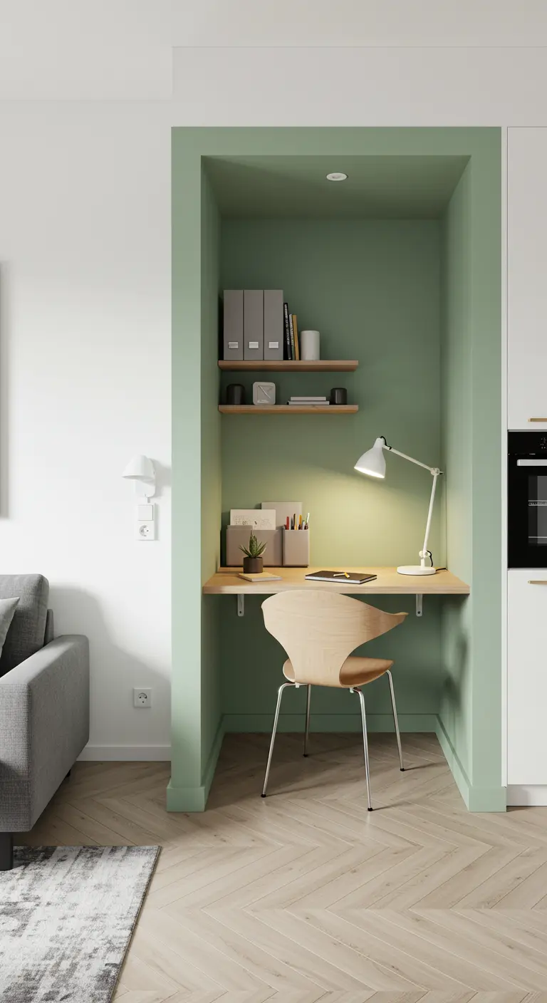 Bureau dans une niche murale vert sauge avec étagères en bois clair et chaise design.