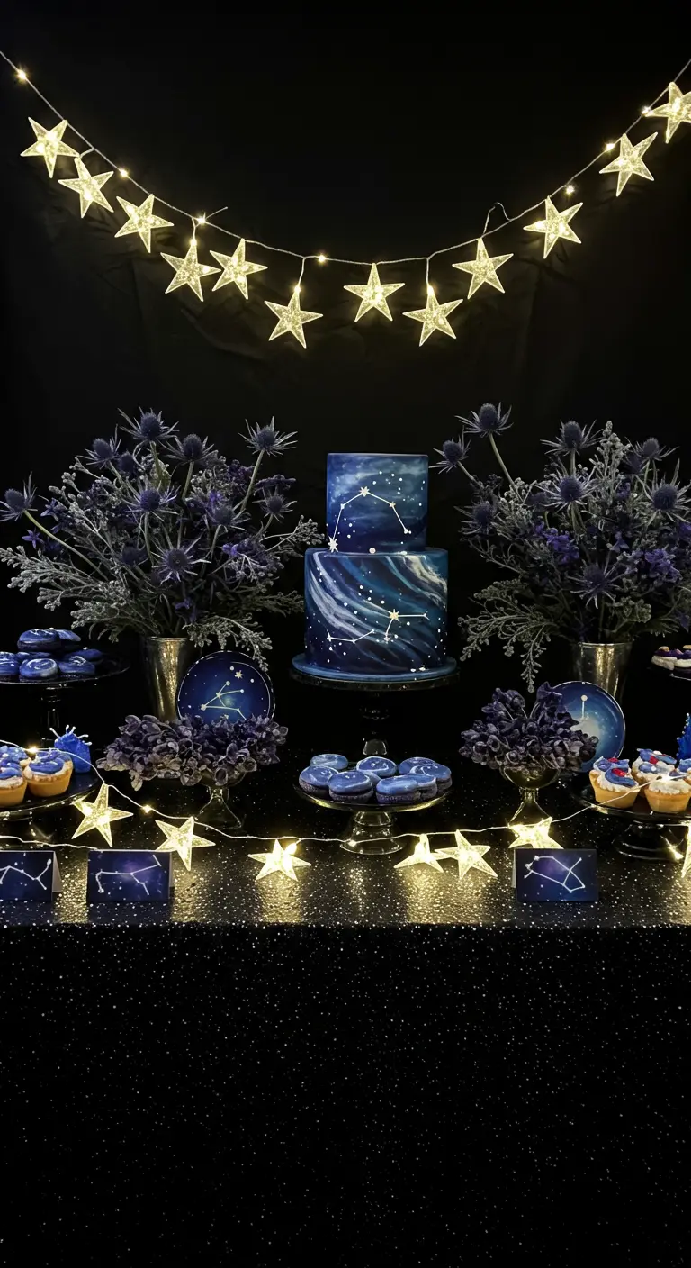 Buffet sur le thème de l'espace avec un gâteau galaxie, une nappe noire et des étoiles.