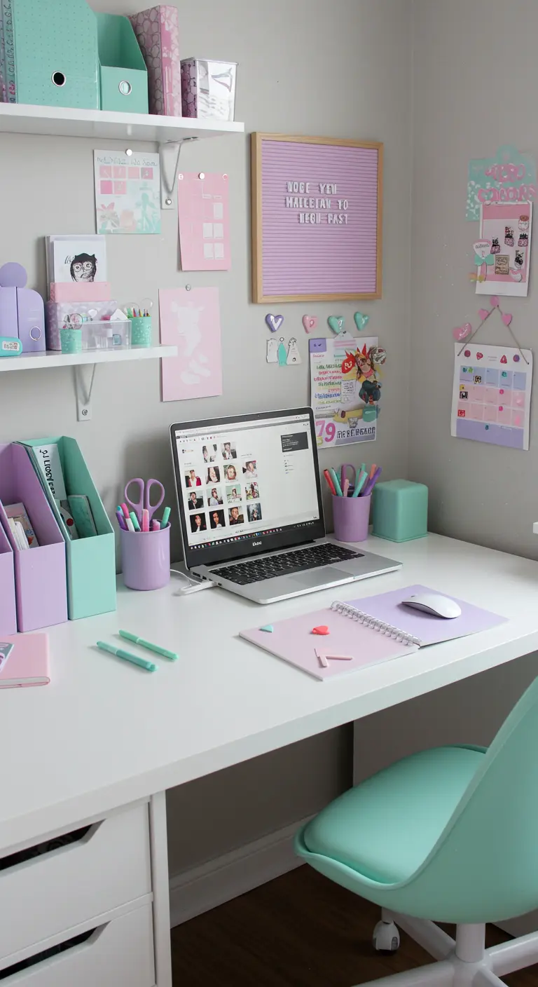 Bureau blanc organisé avec des accessoires de rangement dans les tons pastel menthe et lavande.